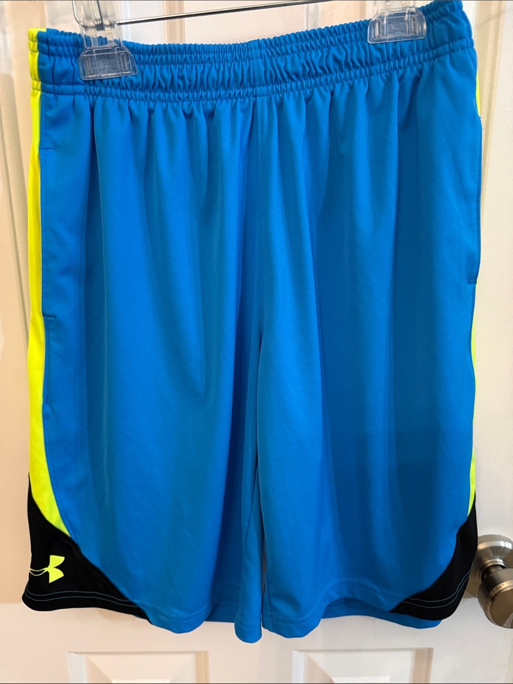 Boy’s Under Armour Turquoise  Blue Athletic Shorts with Neon Yellow Accents